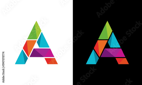 Vibrant geometric shapes form letter A on black and white backgrounds