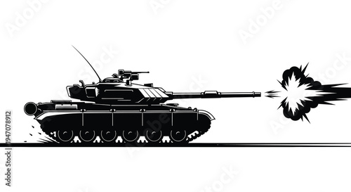 Black and white illustration of a tank firing its main cannon with smoke