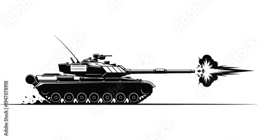 Black and white illustration of a tank firing a shell with an explosion