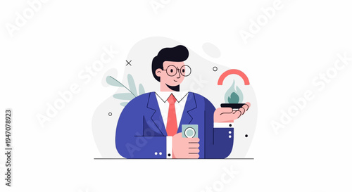 Businessman in a suit holds a plant with a flame above it and a contraceptive