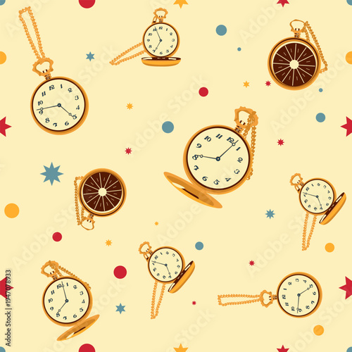 Watch on a chain seamless pattern with yellow background. Decorative wallpaper, good for printing. Watches on a chain.