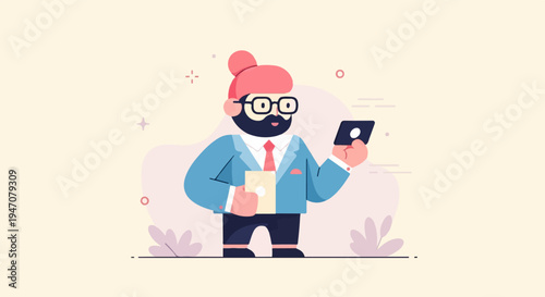 A stylized man in a suit, holding a card and a tablet, looking at the viewer