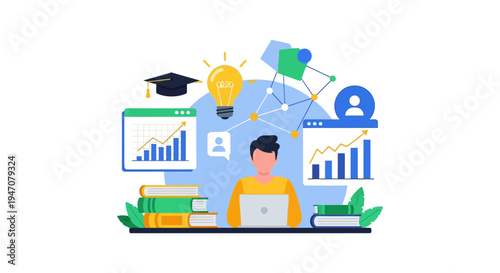 Online Education and Business Analysis Concept Illustration. Student working on a laptop with data charts, books, graduation cap, and idea lightbulb for professional growth.