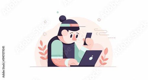 Person using laptop and phone, surrounded by decorative elements