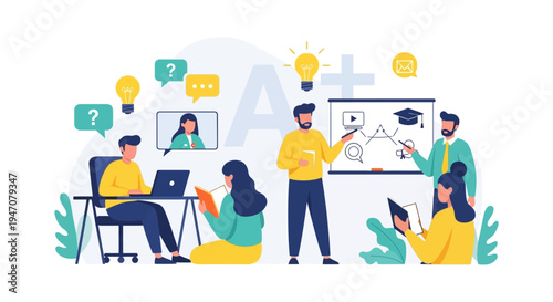 E-learning and Digital Education Concept. Professional Teacher Instructing Students in Collaborative Training Workshop with Hybrid and Online Learning Tools.