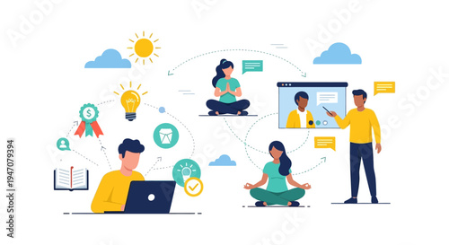 Professional Development and E-Learning Concept. Vector illustration showing online coaching, skill acquisition, mindful balance, and remote education.