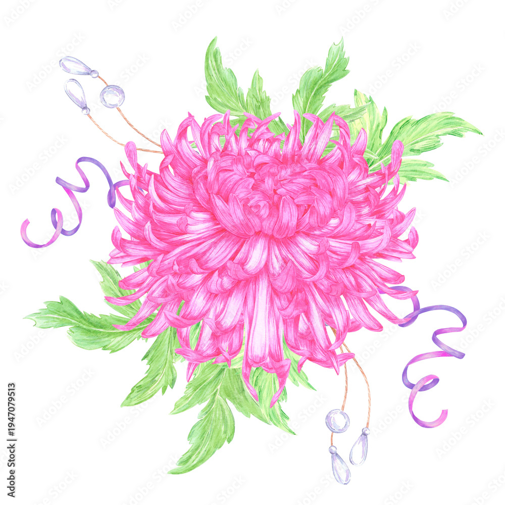 Fototapeta premium Hand drawn watercolor pink color chrysanthemum with leaves ribbon pearl composition. Illustration of flower isolated on white background. Can be used for postcard, scrapbook other printed products