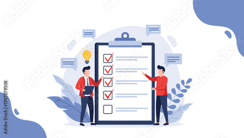 Two businessmen standing next to a large clipboard checking off tasks from a list with a glowing lightbulb idea symbol above them.