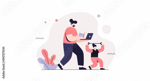 Person on laptop, another person exercises with weights, flat design