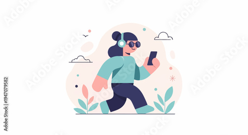 Person wearing headphones and sunglasses walks while looking at their phone outdoors
