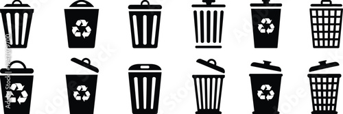 trash, bin, garbage, recycle, waste, trashcan, dustbin, disposal, container, icon, symbol, vector, illustration, set, collection, cleaning, sanitation, environment, recyclebin, graphic