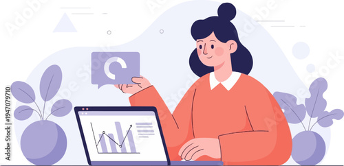 A cheerful woman in a coral sweater uses a laptop displaying a graph and holds a chat bubble with a circular progress indicator