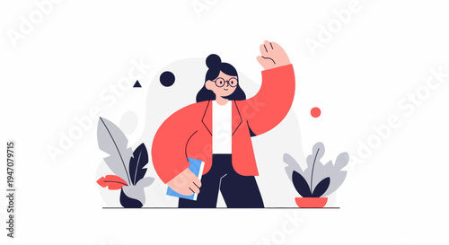 A cheerful woman in a coral jacket, glasses, and bun, holding a book, waves enthusiastically