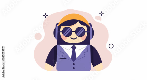 Cartoon person with headphones, sunglasses, and suit, smiling cheerfully