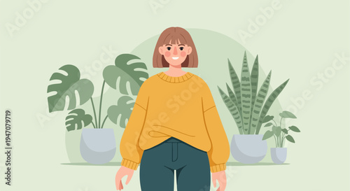 A cheerful woman in a yellow sweater and blue pants stands among houseplants