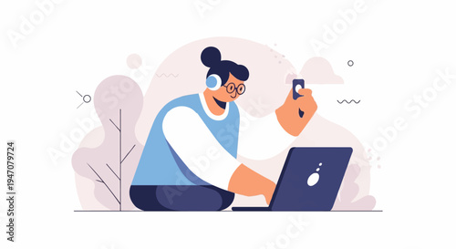 Person using laptop and phone with headphones in modern illustration style