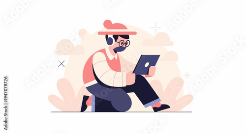 Person wearing headphones, glasses, and hat uses a tablet device outdoors