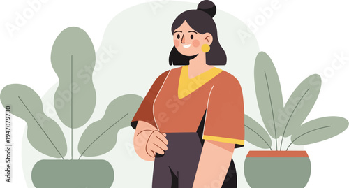 A cheerful woman with dark hair styled in a bun stands between two potted plants with large leaves