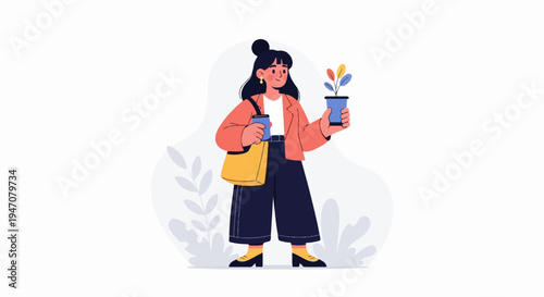A cheerful woman with dark hair styled in a bun holds a potted plant and a drink