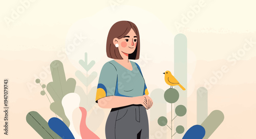 A cheerful young woman with short brown hair and a blue-green shirt stands outdoors with a small yellow bird