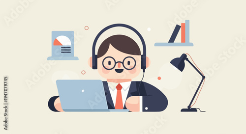 Cheerful person wearing headphones works on laptop with desk lamp and books
