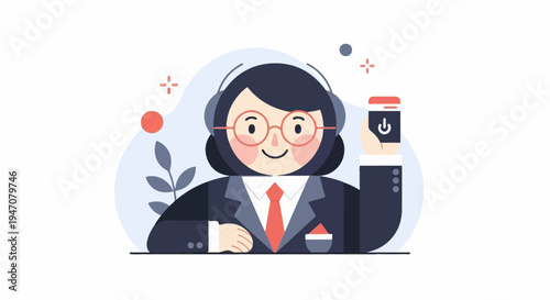 Cheerful person in business attire wearing headphones and holding a device