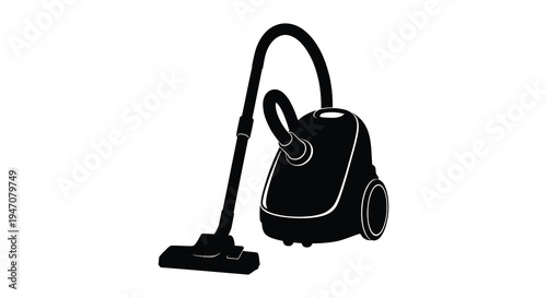 A black silhouette of a classic upright vacuum cleaner with a curved handle