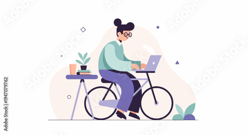 Person on bike typing on laptop, with plant and books nearby