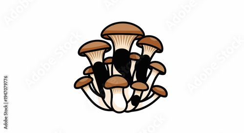 A cluster of brown and white mushrooms with dark caps and stems, artfully arranged