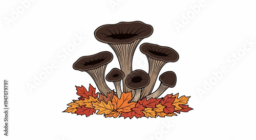 A cluster of dark mushrooms emerges from a pile of colorful autumn leaves