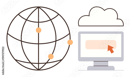 Digital networking, cloud storage, online services, global access, connectivity, technology. Globe with connection points, computer screen under a cloud with a cursor. Networking and cloud storage