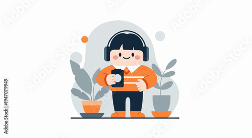 A cute person in headphones holds a phone, surrounded by potted plants and abstract shapes