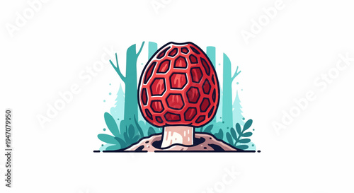 A detailed illustration of a red morel mushroom, with a textured cap, emerging from rich soil amidst lush green foliage and stylized trees