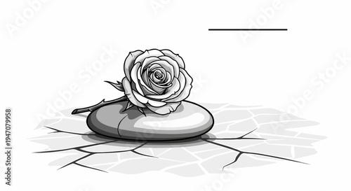 A detailed monochrome drawing of a rose resting on a smooth stone atop a fractured surface