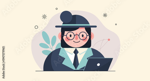 A cheerful person in a hat and glasses works on a laptop