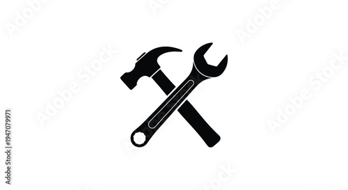 A crossed hammer and wrench illustration in solid black against a white background