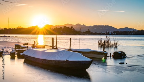 Sun illuminates boats on ice-covered water, with distant mountains in the backdrop. A tranquil scenic view