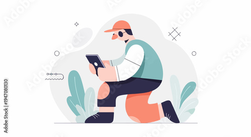 Person in hat and sunglasses kneels, looking at a tablet device