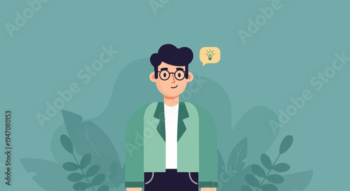 A flat illustration of a person with glasses, a light bulb above their head, surrounded by abstract shapes and leaves