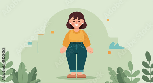 A flat illustration of a person standing in a stylized natural environment