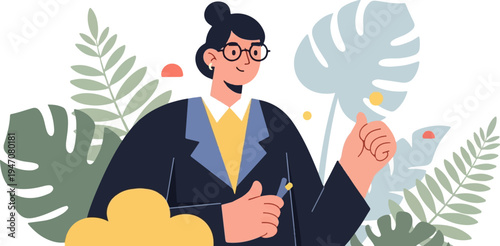 A flat illustration shows a person in a suit giving a thumbs up surrounded by tropical foliage