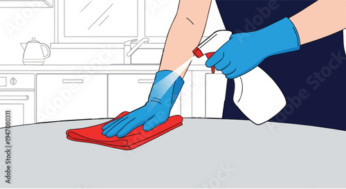 A hand wearing a blue glove sprays a surface with cleaner while holding a red cloth for wiping