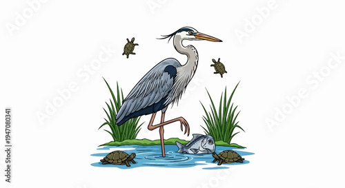 A heron stands in shallow water with turtles and a fish nearby amongst reeds