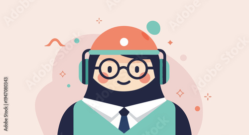 A friendly cartoon character with headphones and glasses, smiling warmly