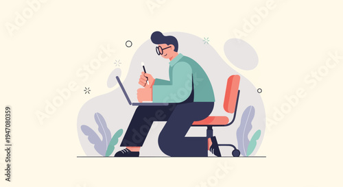 Person in glasses using a laptop at a desk with plants