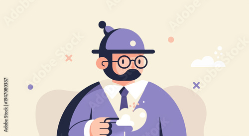 Cartoon character with glasses and mustache holding a cup with foam