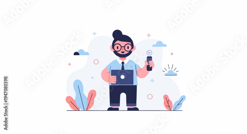 Cheerful man holding laptop and phone with modern background