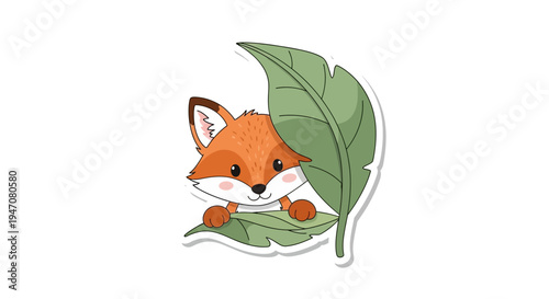 Cute Cartoon Fox Peeking Behind Green Leaves, Adorable Wildlife Illustration
