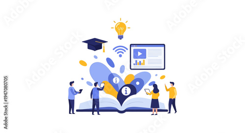 Digital Learning and E-learning Concept. Online education, knowledge, and resources emerge from an open book, accessed by students using tablets.