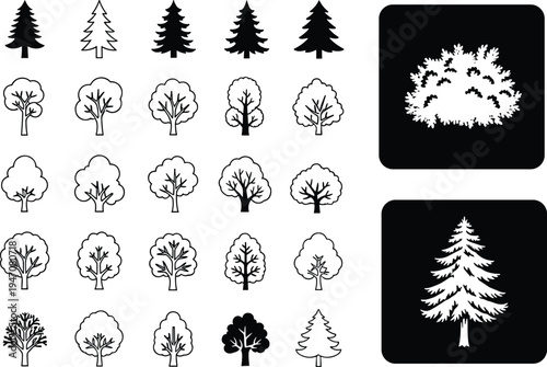 Collection of stylized tree and bush silhouettes, including coniferous and deciduous designs, botanical icons for mapping, landscape illustration, environmental education, and creati